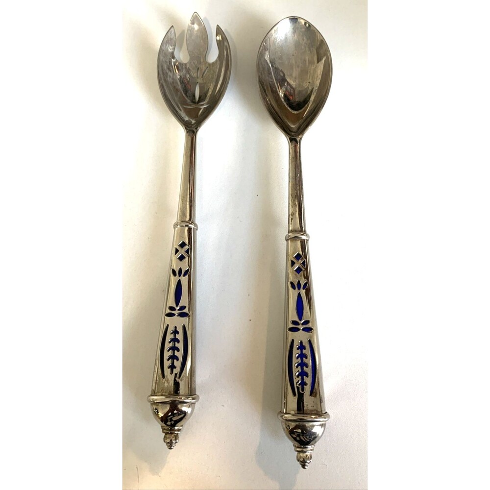 Avon Royal Sapphire Salad Serving Set Silver Plate Cobalt Blue Inserts 1970s-80s